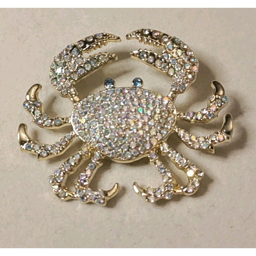 AB Crystal Rhinestone Gold Tone Crab Brooch Pin